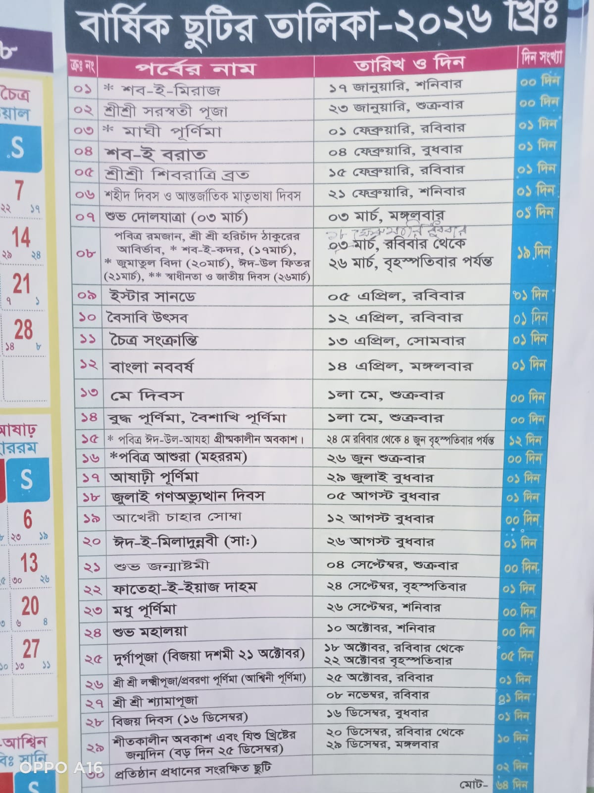 List of Holidays